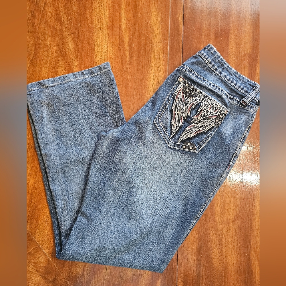 New Directions Blue Boot Cut Jeans with Embellished Pocket